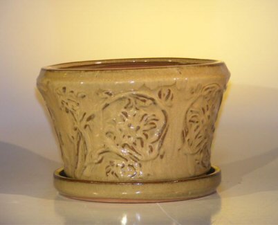 unknown Mustard Color Ceramic Bonsai Pot With Matching Tray<br>Round<br><i>11.25 x 7.5 </i>
