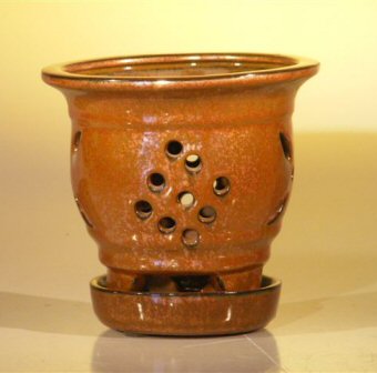 unknown Aztec Orange Ceramic Orchid Pot - Round<br>5.0 x 5.125 With Attached Tray<br>Sized to fit 4.0 Plastic Growing Pot