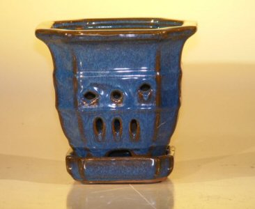 unknown Blue Ceramic Orchid Pot - Multi-Sided<br>5.0 x 5.125 With Attached Tray<br>Sized to fit 4.0 Plastic Growing Pot