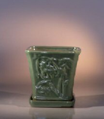 unknown Green Ceramic Bonsai Pot - Cascade<br>Attached Matching Tray<br><i>7.5 x 7.5</i>