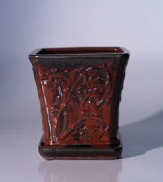 unknown Parisian Red Ceramic Bonsai Pot - Cascade<br>Attached Matching Tray<br><i>7.5 x 7.5</i>