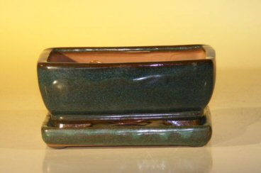 Green Ceramic Bonsai Pot  With Attached Humidity/Drip tray - Professional SeriesRectangle 6.37 x 4.75 x 2.625 Image