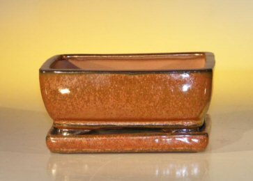 Aztec Orange Ceramic Bonsai Pot - Rectangle With Attached Humidity/Drip tray 6.37 x 4.75 x 2.625 Image