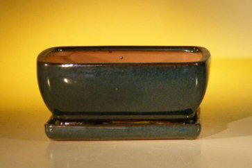 Dark Moss Green Ceramic Bonsai Pot - Rectangle Professional Series with Attached Humidity/Drip tray 8.5 x 6.5 x 3.5 Image