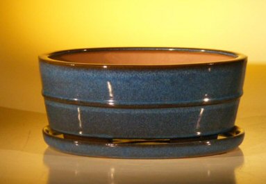 Blue Ceramic Bonsai Pot- Oval Professional Series with Attached Humidity/Drip tray 10.0 x 7.5 x 4.5 Image