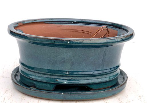 Dark Moss Green Ceramic Bonsai Pot - Oval Professional Series with Attached Humidity/Drip Tray 10.75 x 8.5 x 4.125 Image