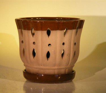 unknown Ceramic Orchid Pot - 7.625 x 6.125<br>Round With Matching Attached Saucer