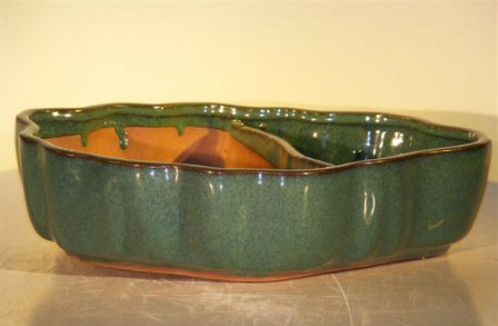 Blue/Green Ceramic Bonsai Pot with Scalloped Edges - Land/Water Divider  9.5 x 7.5 x 2.25 Image