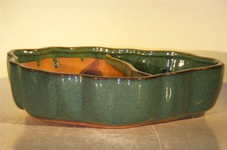 unknown Dark Green Ceramic Bonsai Pot - Oval<br>Land/Water with Scalloped Edges<br><i>12 x 9.5 x 3</i>