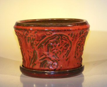 unknown Parisian Red Ceramic Bonsai Pot - Round<br> Attached Matching Humidity/Drip Tray<br><i>9 x 5.5 Tall</i>