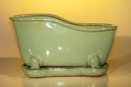 unknown Blue/Green Ceramic Bonsai Pot With Matching Tray<br>Bathtub Shape<br><i>10.875 x 4.875 x 5.25</i>