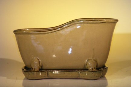 Olive Green Ceramic Bonsai Pot With Matching TrayBathtub Shape10.875 x 4.875 x 5.25 Image