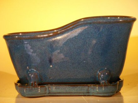 unknown Blue Ceramic Bonsai Pot With Matching Tray<br>Bathtub Shape<br><i>10.875 x 4.875 x 5.25</i>