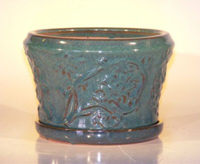 unknown Blue/Green Ceramic Bonsai Pot - Round<br>Attached Matching Tray<br><i>9x5.5</i>