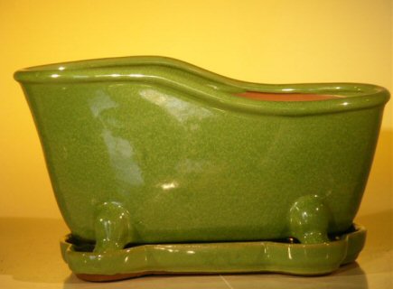 unknown Lime Green Ceramic Bonsai Pot With Matching Tray<br>Bathtub Shape<br><i>10.875 x 4.875 x 5.25</i>