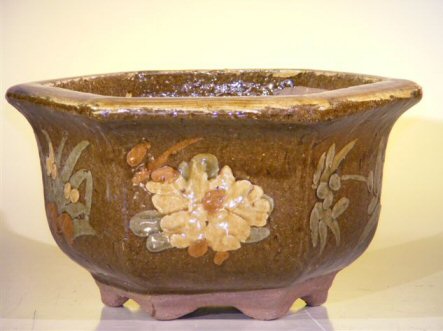 Ceramic Bonsai Pot 8.0"x5.5" TallFloral Design - Brown/Yellow