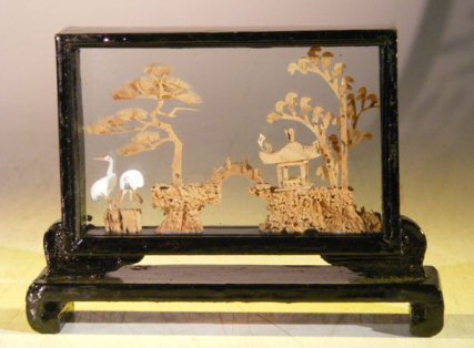unknown Handmade Cork Carving Encased in Glass<br>In Wooden Display Case