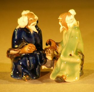 unknown Miniature Ceramic Figurine<br>Two Men Sitting at a Table with Fine Detail<br>Color:Blue & Green
