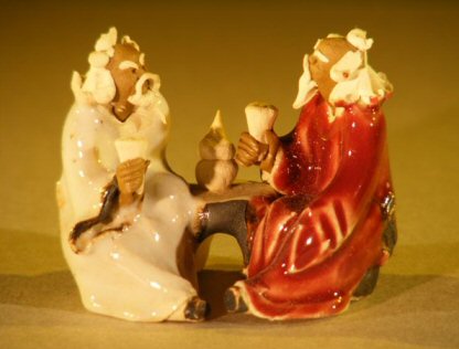 unknown Miniature Ceramic Figurine<br>Two Men Sitting at a Table with Fine Detail<br>Color:White & Red