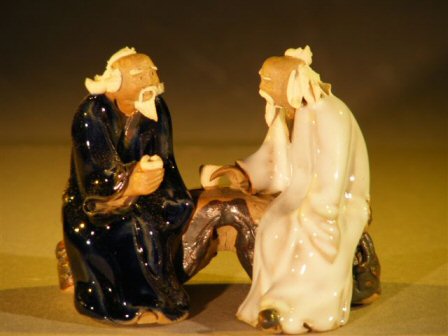 unknown Miniature Glazed Figurine<br> Two Men Sitting on a bench in Fine Detail
