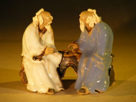 unknown Miniature Glazed Figurine<br>Two Men Sitting on a bench in Fine Detail