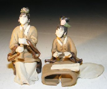 unknown Ceramic Miniature Mud Figurine - Two Women Playing Instruments