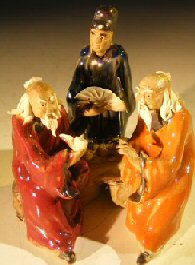 unknown Miniature Glazed Figurine Three Men Sitting on a Bench with fine detail