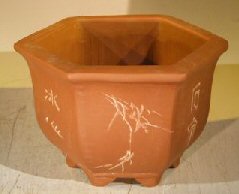 unknown Unglazed Bonsai Pot with Etching and Raised Feet<br><i>7 x 8 x 5</i>