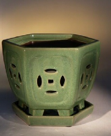 Ceramic Bonsai Pot Orchid Glazed Hexagon Crackled Lime Green11 X9 0