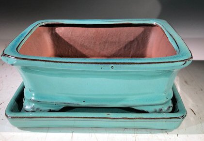 Blue Ceramic Bonsai Pot+Humidity Drip Tray Rectangle 7" x 5.5" x 3" Imported 