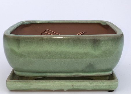 Melon Green Ceramic Bonsai Pot - RectangleProfessional Series with Attached  Humidity/Drip tray8.5 x 6.5 x 3.5