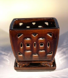 Ceramic  Bonsai Pot  (Orchid)<br>Glazed Square -  Dark Red Orange<br>5.8