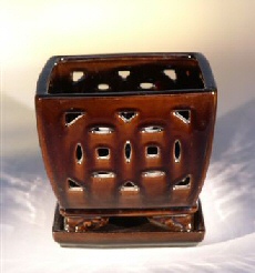 Ceramic  Bonsai Pot  (Orchid)<br>Glazed Square -  Dark Red Orange<br>7.78