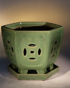 Ceramic  Bonsai Pot  (Orchid)<br>Glazed Hexagon -  Crackled Lime Green<br>8.5