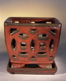 Ceramic  Bonsai Pot  (Orchid)<br>Glazed Square -  Parisian Red <br>10.0