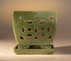 Ceramic Bonsai Pot (Orchid)<br>Glazed Square<br>Crackle Lime Green