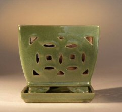 Ceramic Bonsai Pot (Orchid)<br>Glazed Square<br>Crackle Lime Green