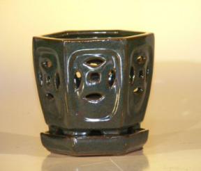 Ceramic Bonsai Pot (Orchid)<br>Glazed Square<br>Crackle Lime Green