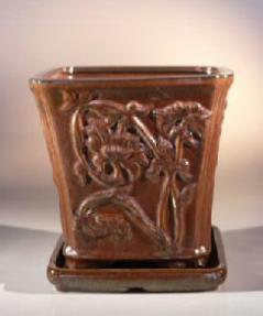 Aztec Orange Ceramic Bonsai Pot - Cascade<br>Attached Matching Tray<br><i>7.5