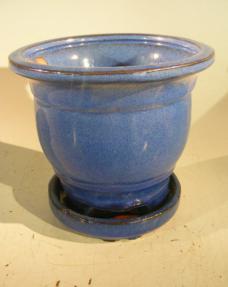 Blue Ceramic Bonsai Pot - Cascade<br>Attached Matching Tray<br><i>7.5