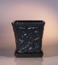 Dark Green Ceramic Bonsai Pot - Cascade<br>Attached Matching Tray<br><i>7.5