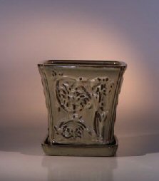 Mustard Color Ceramic Bonsai Pot - Cascade<br>Attached Matching Tray<br><i>7.5