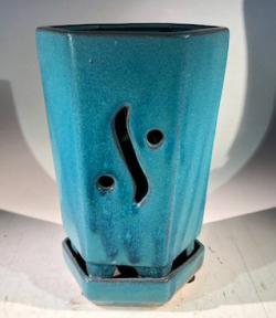 Blue / Green Ceramic Orchid Pot - Hexagon<br>With Attached Humidity Drip Tray<br>6.5