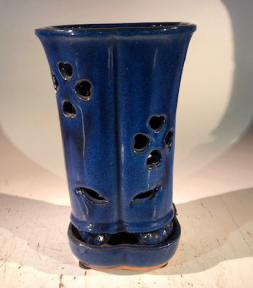 Blue Ceramic Orchid Pot - Lotus Shaped<br>With Attached Humidity Drip Tray<br>6.5