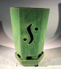 Green Ceramic Orchid Pot - Hexagon<br>With Attached Humidity Drip Tray<br>6.5