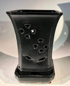 Black Ceramic Orchid Pot - Square <br>With Attached Humidity Drip Tray<br>6.5