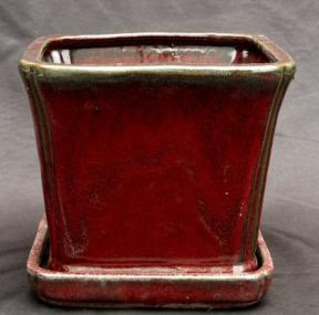Parisian Red Ceramic Bonsai Pot<br>Square With Attached Humidity / Drip Tray <br><i>5.25