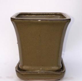 Olive Green Ceramic Bonsai Pot<br>Square With Attached Humidity / Drip Tray <br><i>5.25