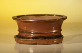 Aztec Orange Ceramic Bonsai Pot - Oval <br>Professional Series with Attached Humidity/Drip tray <br><i>6.37