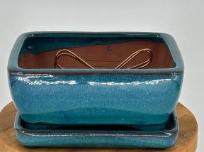 Green Ceramic Bonsai Pot  With Attached Humidity/Drip tray - Professional Series<BR>Rectangle <br>6.37